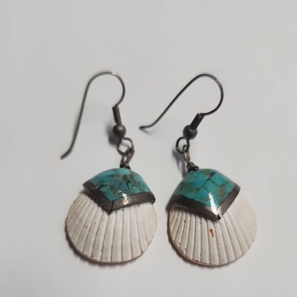 Turquoise and White Shell Earrings - Picture 1 of 5